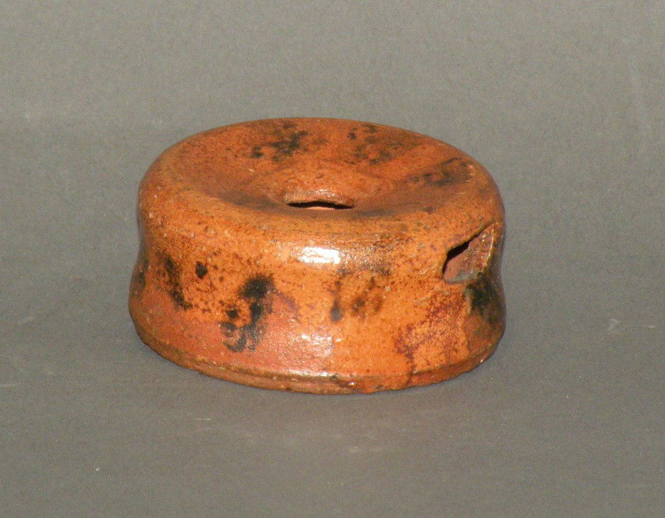 Redware miniature cuspidor: ca. 1880; PA tan brown lead glaze with manganese sponging, 2 ¼"d, 1"h;
