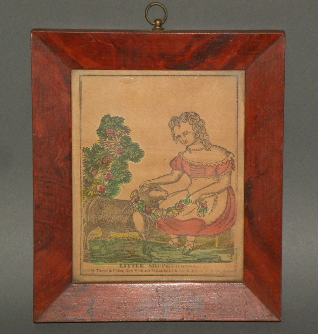 Colorized print in painted frame: ca. 1825-50; print of child and lamb entitled "Little Shepherdess" in original ochre and black painted frame, 6 7/8"x 8";