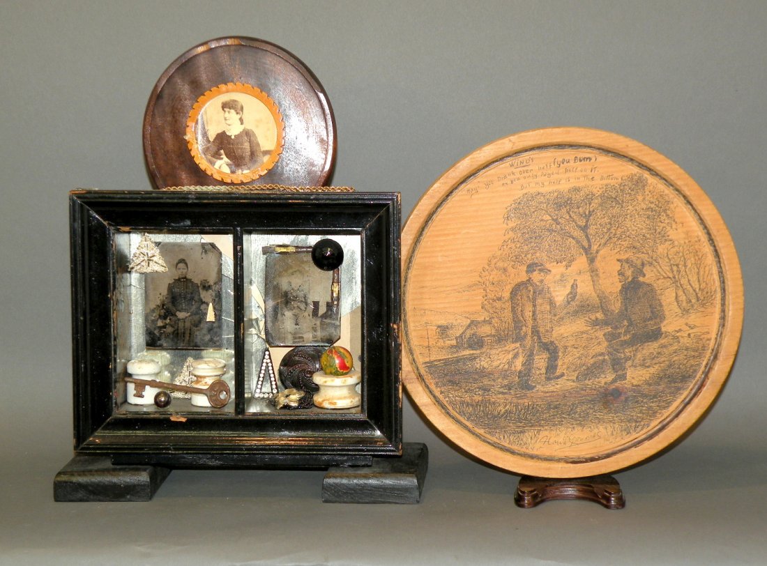 2 folk art carvings: ca. 1980s; painted wooden plaque with “Wino’s” legend, 11”d; shadow box with vintage items entitled “Classic Memories” and signed “Elayne”, 14”x 10”x 4”;