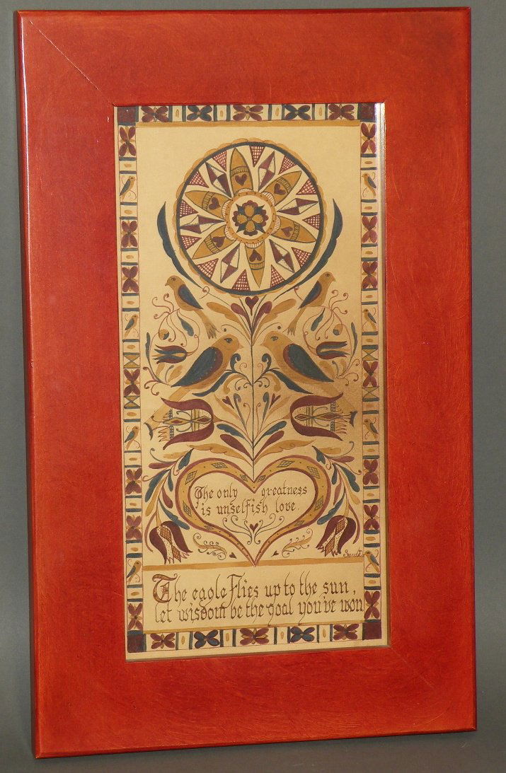 Sandra Sue Weller fraktur: ca. 1970-90; freehand watercolor consisting of a heart, birds and sunburst with an English verse, 6”x 12 ¼”, 10 1/8”x 16 ¼” frame;