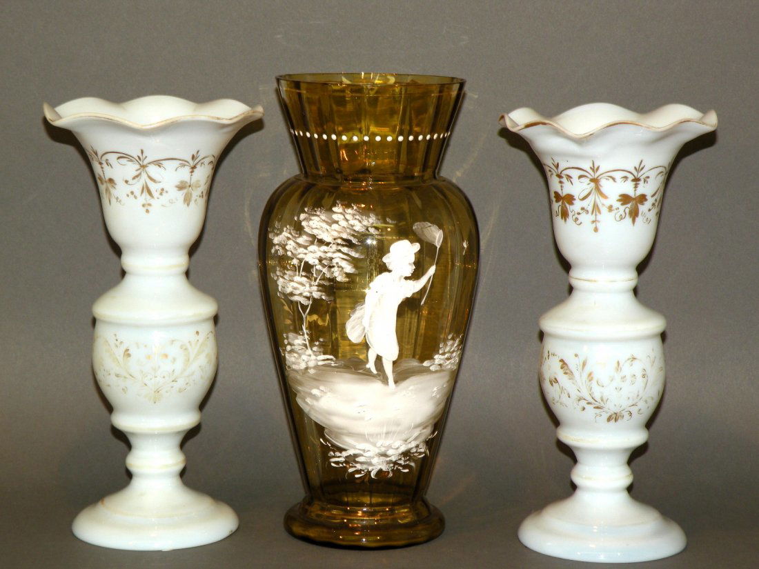 3 glass vases: ca. 1870-1900; pair of blown opalene glass Bristol type vases with gilt foliage designs and scalloped rims, 4 3/8”d, 8 ¾”h; blown mold citron glass with ribbed urn form vase and Mary Gregory type