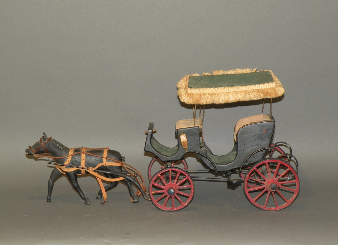 Hand carved horse, surrey & puzzle: ca. 1940s; horse and surrey, 17”; painted wood puzzle;