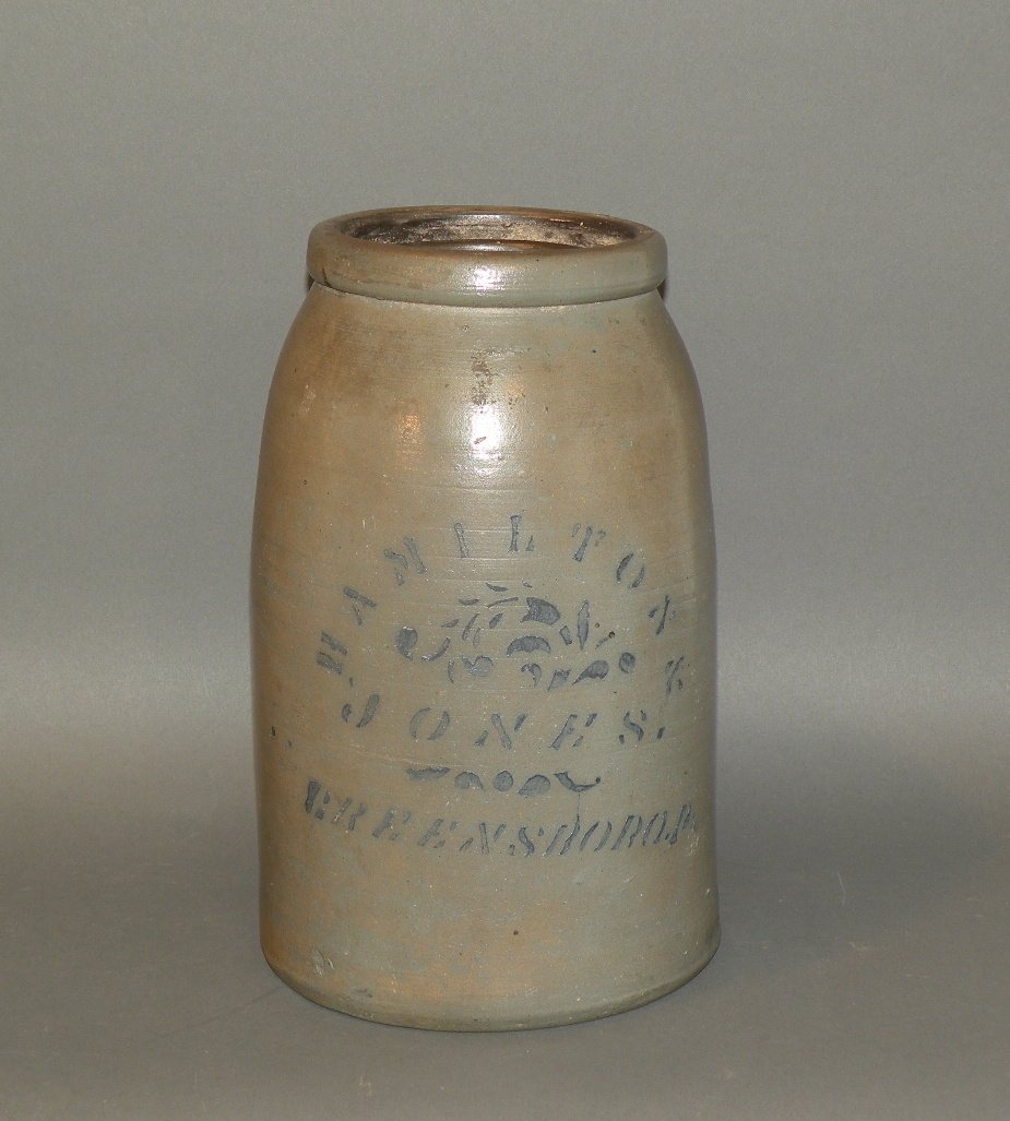 Hamilton & Jones cobalt stenciled stoneware canner: ca. 1870; salt glazed stoneware wax sealer canning jar by Hamilton and Jones (Greensboro, PA), 6 3/8”d, 10 ¼”h;