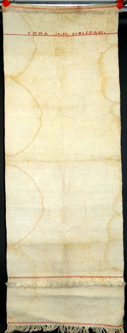 2 decorated hand towels: ca. 1847-88; cotton cross-stitched on linen ground by Emma Eshelman, 48”x 18”; wool cross-stitched on linen for John Landis, 54”x 19”;