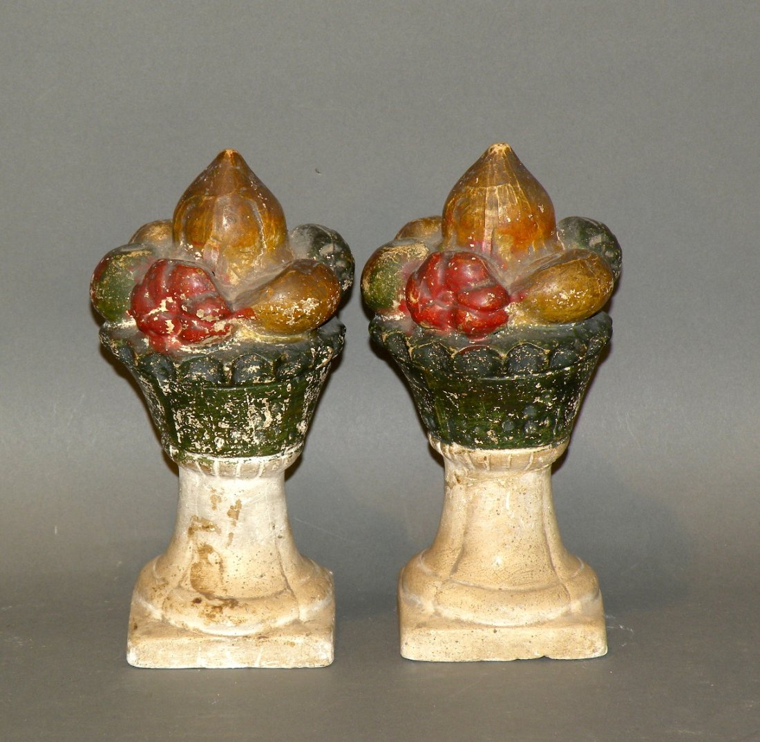 Pair of chalkware mantle garnitures: ca. 1840-75; consisting of red, yellow and green fruit in bowls on pedestals, 3 ¾”x 3 ¾”x 7 ½”;