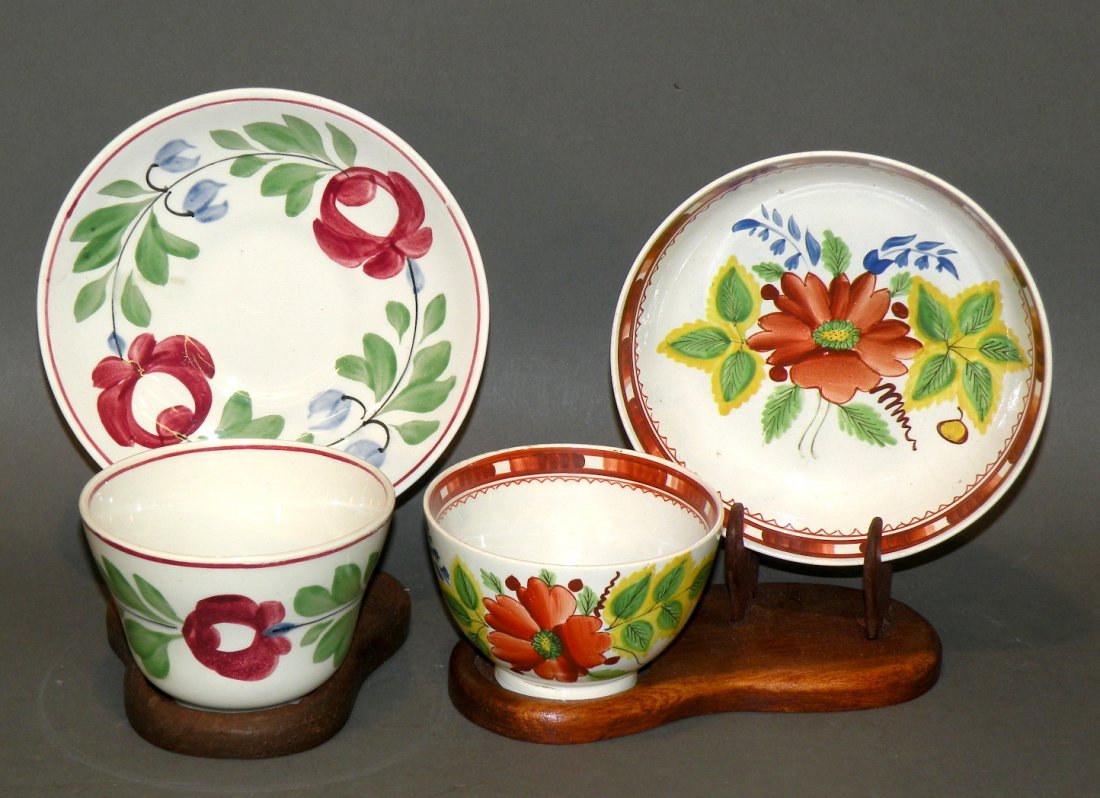 Soft paste & late Adams Rose cups & saucers: ca. 1800s; soft paste pearlware glaze handless cup and saucer; late Adams Rose cup and saucer;