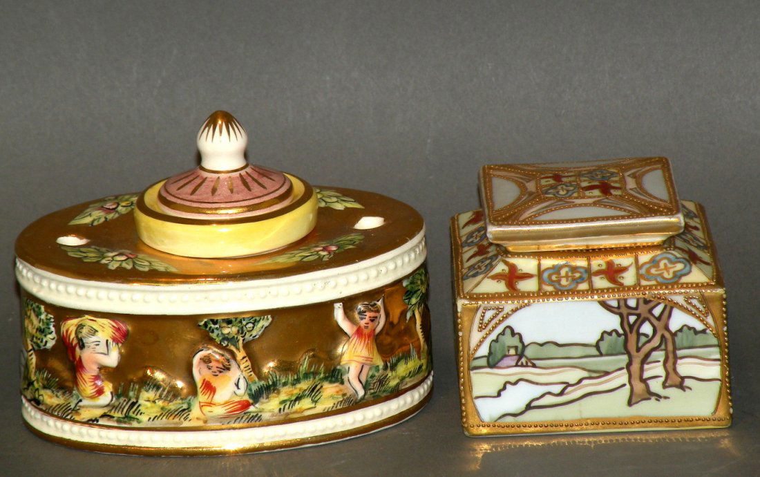 Nippon porcelain & pottery inkwell: ca. 1880-1930; signed Nippon porcelain and a late capo-di-monte style signed Italy, 4 ¼” largest;