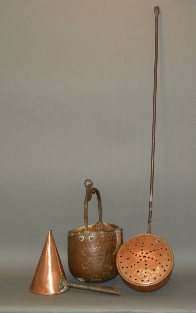 Lot of 3 copper items: ca. 1840-1930; kettle with punched decoration and heavy iron handle, 7 ¼”x 7 ½”; arts and crafts bed warmer with twisted iron handle, 37”x 7 ½”x 6 ¼”; warming cone with iron handle, 12��
