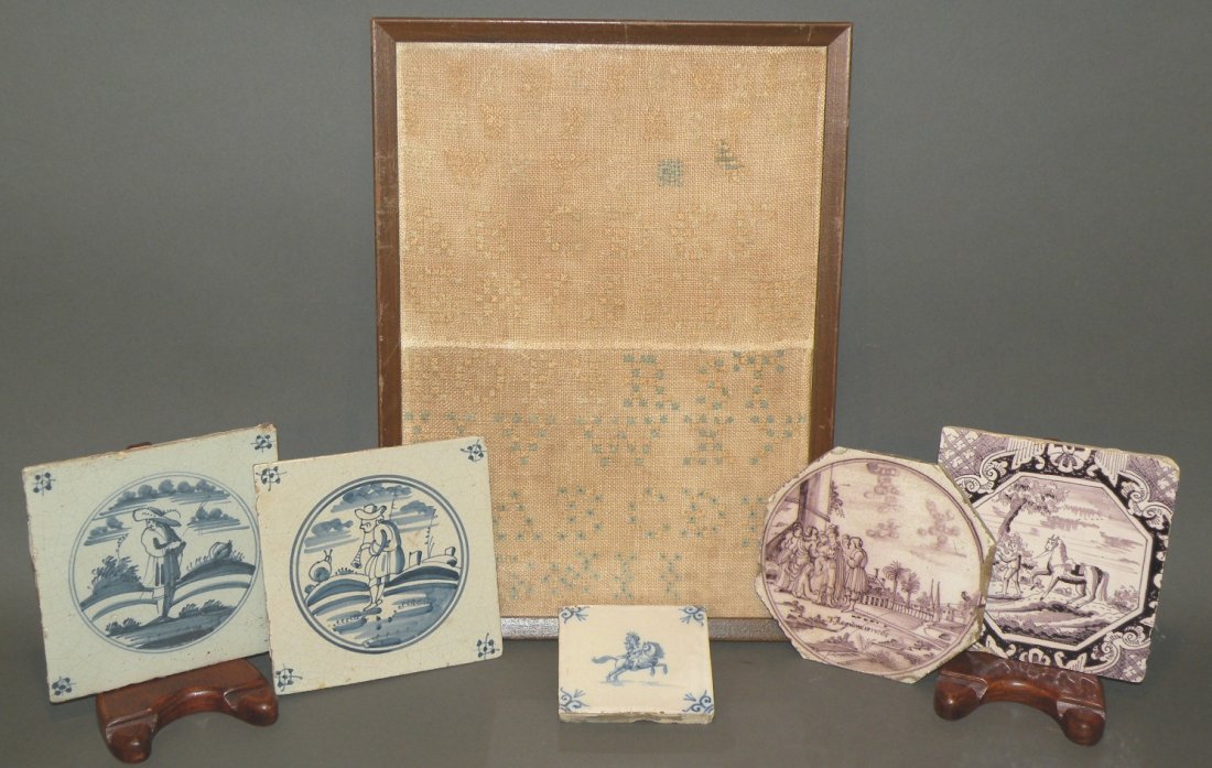 5 fireplace tiles and a framed sampler: ca. 1780-1830; 3 delftware and 2 English porcelain tiles, 3 ½”- 5”x 5”; small framed homespun sampler, 13”x 10”;