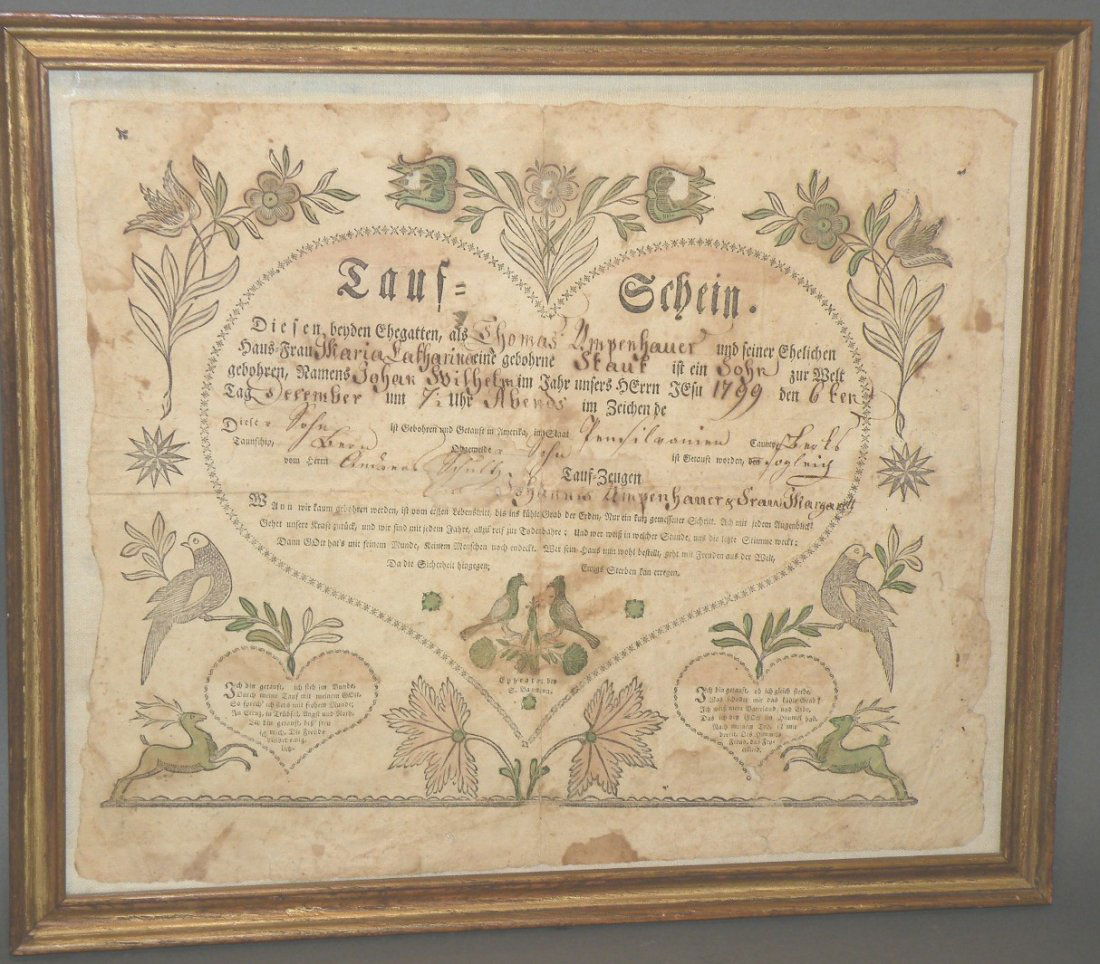 Framed 1799 Ephrata, PA Baumann taufschein: ca. 1799; baptism record in German of Thomas Umpenhauer, son of Johannes & Frau Margarett with heart design containing birds, deer and floral motifs, 16”x 18 ½”;
