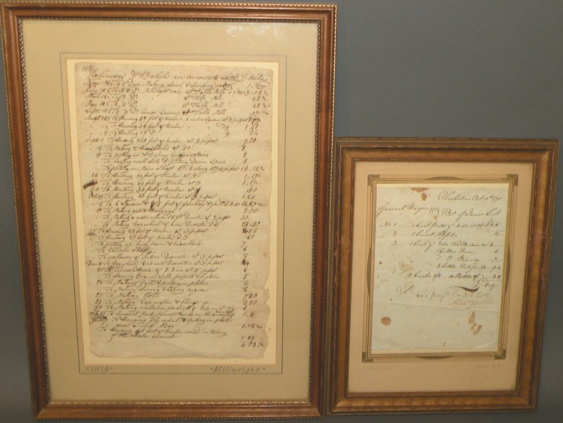 2 framed hand written documents: ca. 1791-1819; General Wayne procurement order to James Scot for apples, rum, brandy, etc. from Charleston, Oct. 5, 1791, 10”x 13”; day account sheet by Robinson & Behch to J. Wiley for the buildi