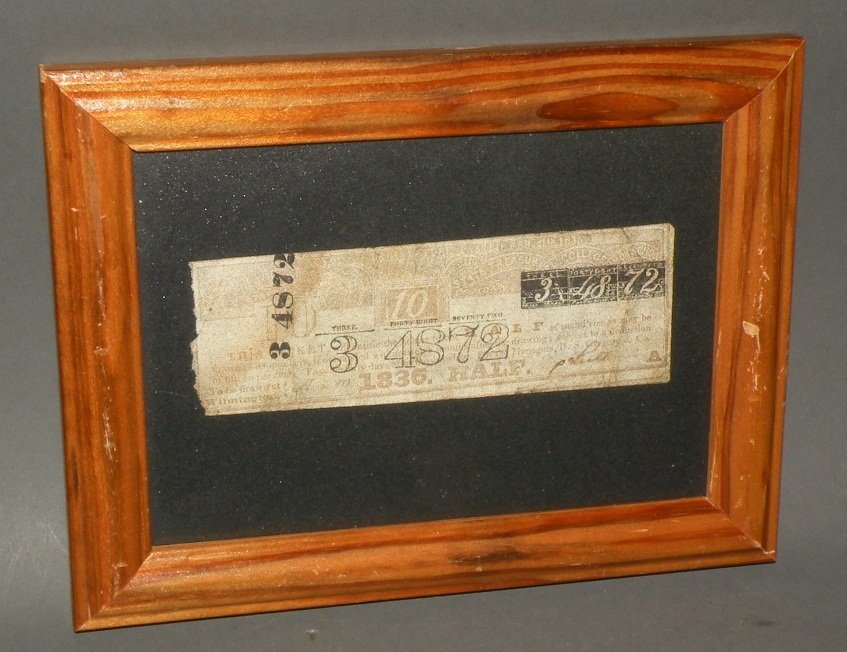 Framed 1836 Maryland lottery ticket: ca. 1836; printed in brown ink with three form number overprint in black ink and dated March 10, 1836; 6 ½”x 8 ½” frame;