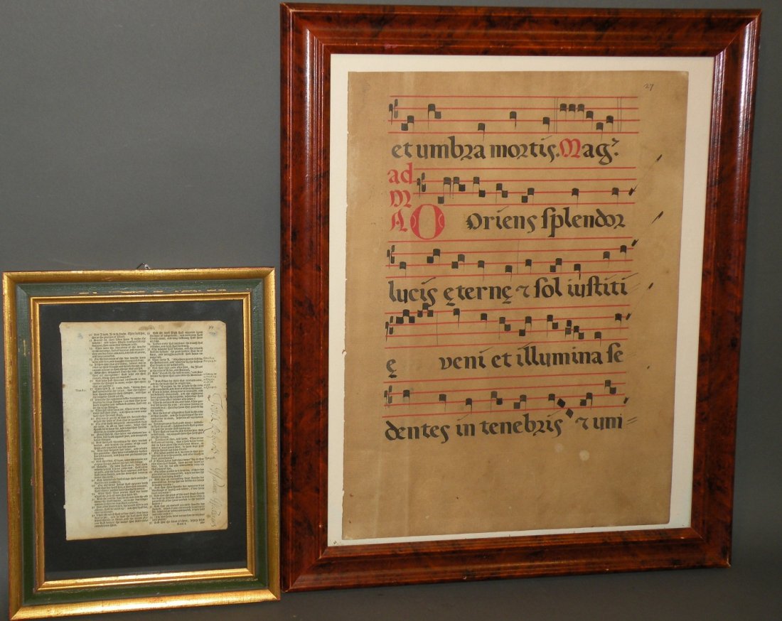 2 framed religious documents: ca. 1500-1700s; single sheet from Holy Bible in Geneva Translation by Charles Baker, 1585 with signatures of Foulk Roberts & William Williams; hand written latin song sheet on hand laid paper;