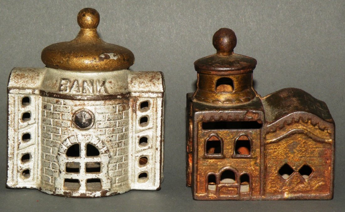 2 cast iron banks: ca. 1900; AC Williams presto, 3 ¼”; Grey Iron mosque, 3”;