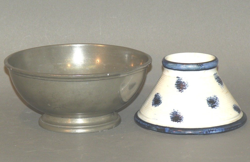 Earthenware match holder & pewter waste bowl: ca. 1830-1900; ridged conical earthenware holder decorated with blue rim, foot and sponged dots on a white body with ridged surface providing a striking surface for match, 4 ¼”d base, 2 ½”h; uns
