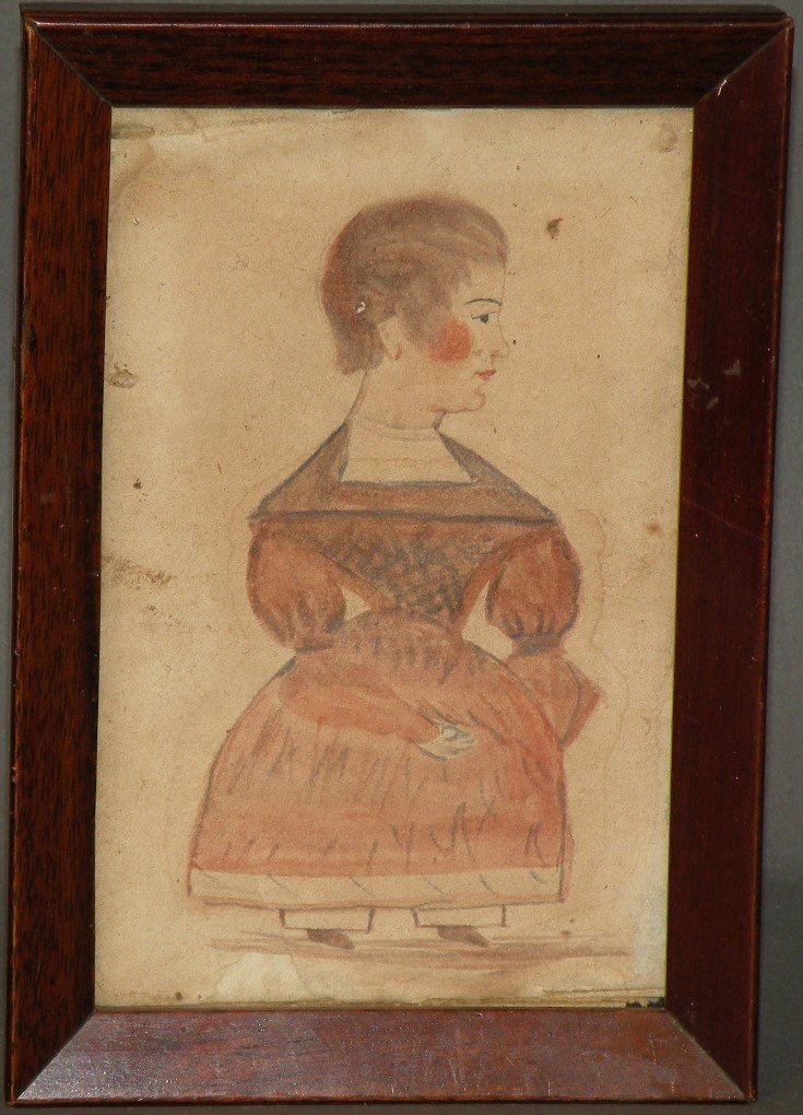 Watercolor portrait: ca. 1830; full length folk art rendering of a woman in a mahogany frame, 6”x 4”;