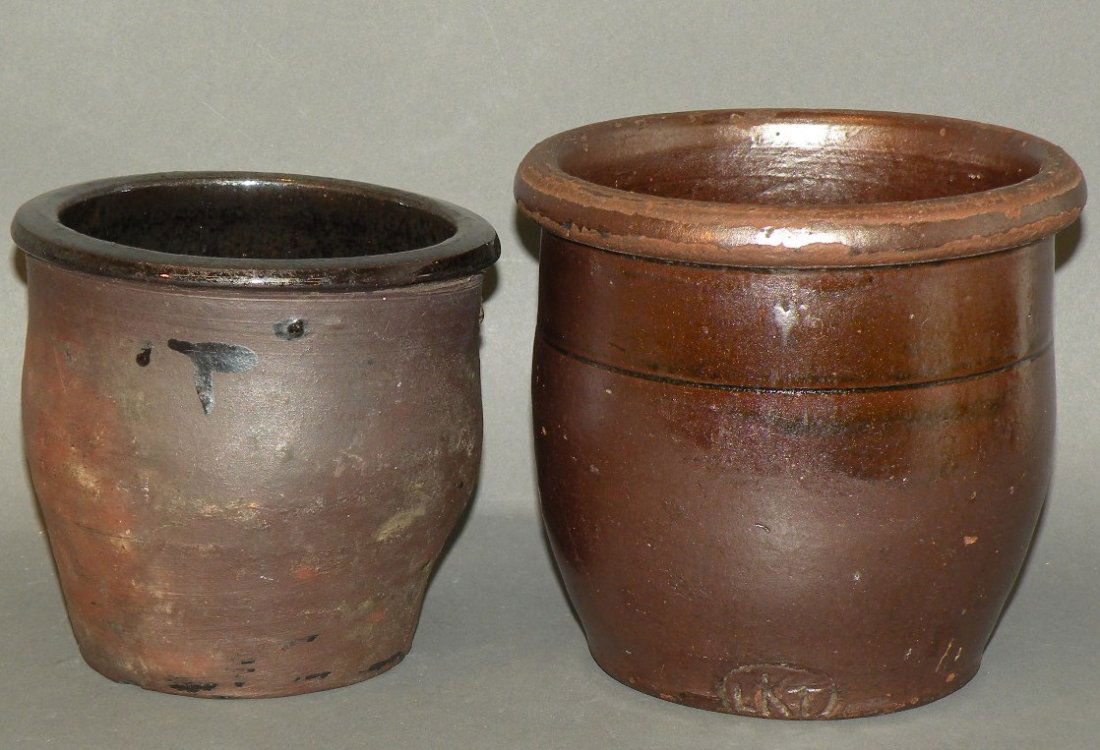 Link & Tomlinson redware jelly jars: ca. 1880; PA dark brown interior lead glazed jar with “C. Link, Exeter” mark, 4 7/8”d, 4 ¾”h; PA flat brown lead glazed jar with “LKT” (Louis K. Tomlinson, Berks Co. PA) 5 5/8”d, 5 3/8�