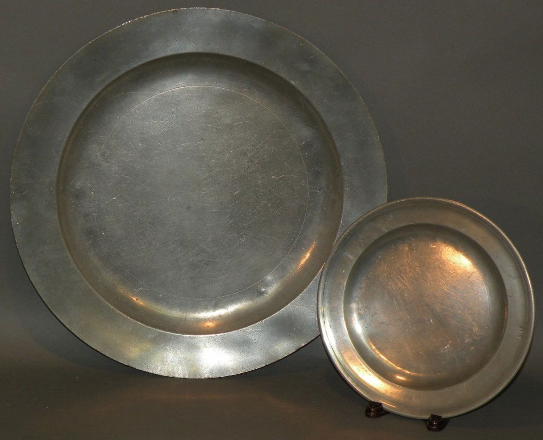 Pewter plate & charger: ca. 1745-90; single reed edge plate with hammered booge by Steven Cox and marked “MH”, 9 3/8”d; plain edge charger with hammered booge, 16 ½”d;