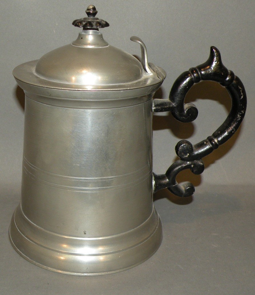 Covered tankard: ca. 1855; slightly tapered cylindrical form with plain thumb piece having touch of “Smith & Co 3” (David B. Morey, RH Ober & Thomas Smith, Boston) 5 ¾”d, 8 ¼”h;
