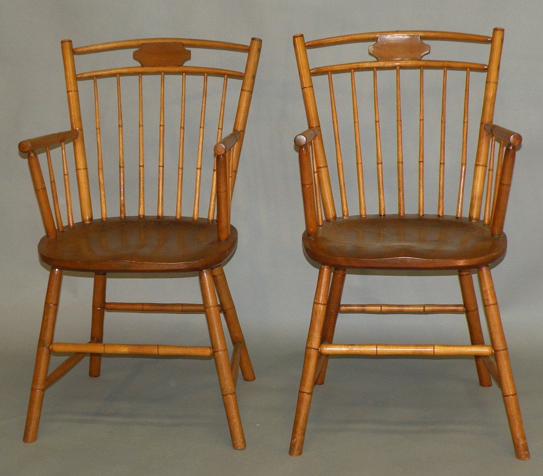 Pair of Windsor arm chairs: ca. 1931; made by G.A. Baghurst for T.L. Rhoads having a rod back with butterfly and bamboo turnings, 17 ½”x 19”x 35 ½”;