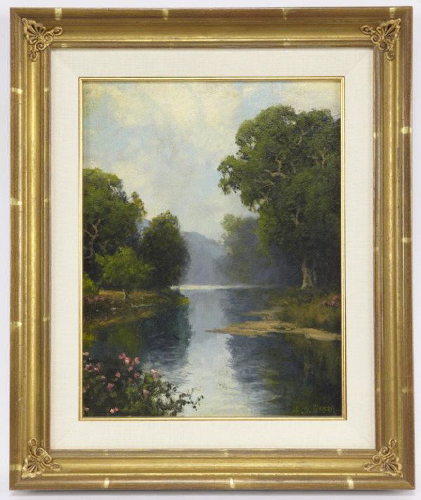 A. D. Greer (1904-1998), "River Scene": oil on canvas. Canvas: 14"H x 11"W; Frame: 18.5"H x 15.5"W. Signed lower right, "A. D. Greer".