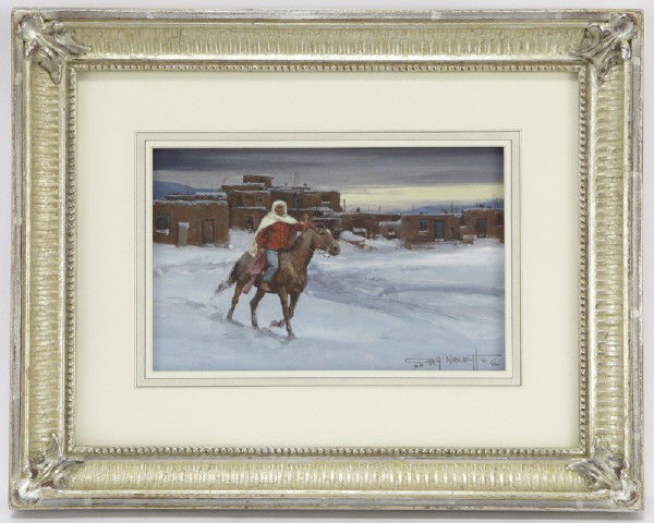 Gary Niblett (B. 1943), "Pueblo Rider" 1990: watercolor on board. Board: 10.5"H x 14.5"W; Frame: 15.25"H x 19.25"W. Signed and dated lower right, "Gary Niblett 90 CA". Exhibited: Cowboy Artists of America Show, 1990