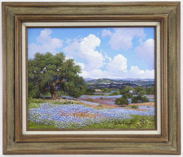 William A. Slaughter (1923-2003), "Bluebonnets": oil on canvas. Canvas: 16"H x 20"W; Frame: 23.5"H x 27.5"W. Signed lower right, "W. A. Slaughter".