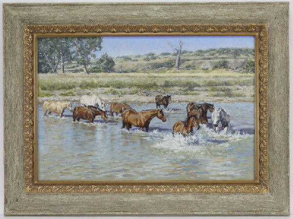 Sonya Terpening (B. 1954), "Coming Across": oil on canvas. Canvas: 20"H x 30"W; Frame: 29"H x 39"W. Signed lower right, "Sonya Terpening". Signed and titled on verso. Sonya Terpening comments, "There is something magical about water and about h