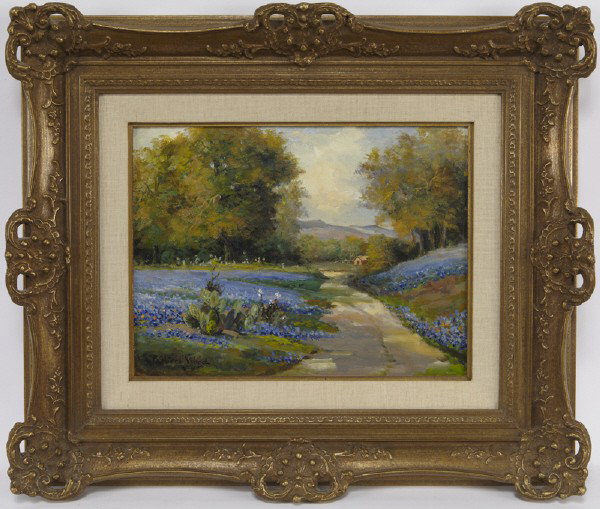 Robert Wood (1889-1979), "Texas Bluebonnets": oil on canvasboard: Canvasboard: 12"H x 16"W; Frame: 22"H x 25.75"W. Signed lower left, "Robert Wood". Artist's stamp and titled on verso.