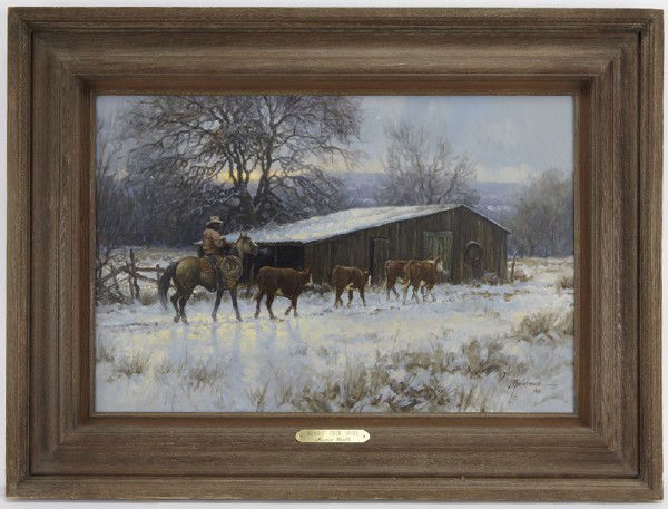 Martin Grelle (B. 1954), "Headin Them Home", 1985: oil on canvas. Canvas: 20"H x 30"W; Frame: 29.75"H x 40"W. Signed and dated lower right, "Martin Grelle 1985".