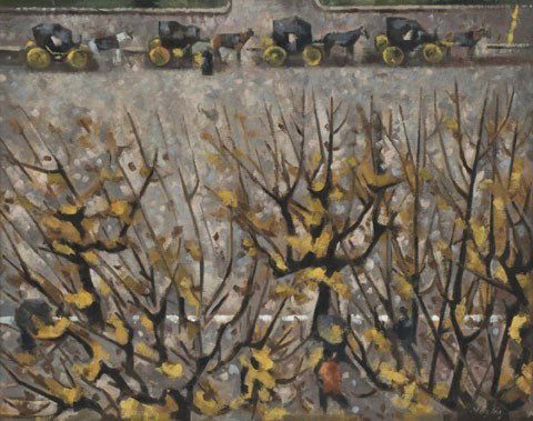 Loren Mozley (1905-1989), "View from the Balcony": oil on canvas. Canvas: 16"H x 20"W; Frame: 21.5"H x 25.5"W. Signed lower right, "Mozley". View from a hotel in Sevilla, Spain.