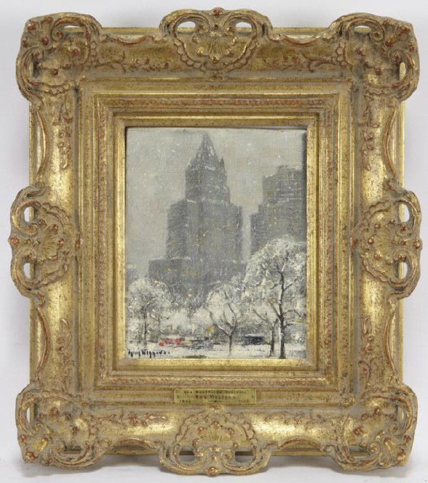 Guy Carleton Wiggins (1883-1962), "Woolworth: Building" oil on canvasboard. Canvasboard: 10.25"H x 8"W; Frame: 18.25"H x 16"W. Signed lower left, "Guy Wiggins".