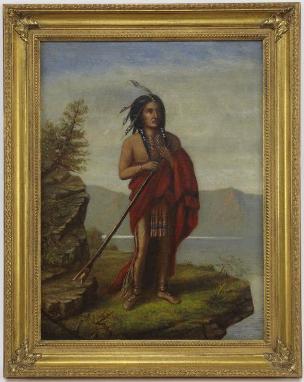 Charles Stuart Stobie (1845-1931), "Indian: Portrait" 1875 oil on canvas. Canvas: 24"H x 18"W; Frame: 29.5"H x 23.5"W. Signed and dated lower right, "C. S. Stobie 75".