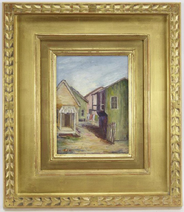 Elva Jane Hawkins (20th century), "Houses": oil on canvasboard. Canvasboard: 12"H x 9"W; Frame: 24"H x 21"W. Artist's monogram lower left, "E. J. H.".