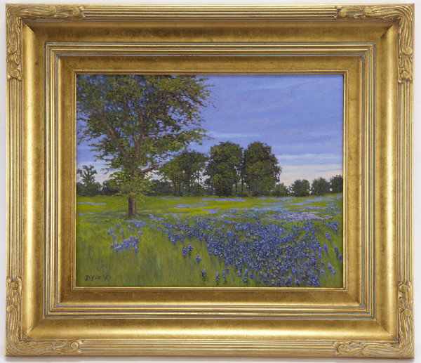 Jesse D. Rasberry (20th century), "Bluebonnet: Sky at Dawn" oil on canvas. Canvas: 16"H x 20"W; Frame: 25.5"H x 29.5"W. Signed lower left, "JD Rasberry".