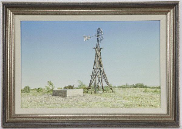 Mondel Rogers (20th Century), "Sweetwater Windmill: 1991 egg tempera on gesso on masonite. Masonite: 15.5"H x 24"W; Frame: 21.5"H x 30"W. Signed lower right, "Mondel Rogers". Inscription on verso, "Presented to Lt. Gov. Bob Bullock by friends of Temple