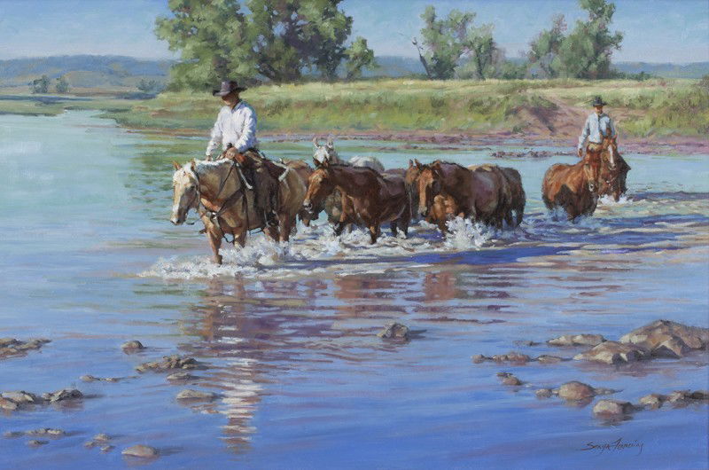 Sonya Terpening (b. 1954), "Crossing to Greener: Sonya Terpening (b. 1954), "Crossing to Greener Pastures" oil on linen. Linen: 20"H x 30"W; Frame: 29"H x 39"W. Signed lower right, "Sonya Terpening". Sonya has been an invited artist to the Prix de W