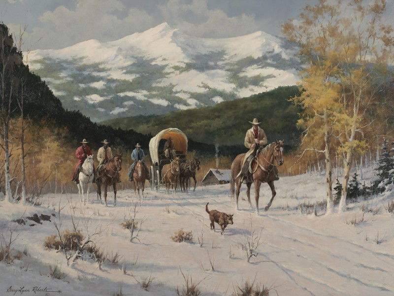 Gary Lynn Roberts (b. 1953), "Last Chance for: Gary Lynn Roberts (b. 1953), "Last Chance for Supplies" oil on canvas. Canvas: 30"H x 40"W; Frame: 39"H x 49"W. Signed lower right, "Gary Lynn Roberts".