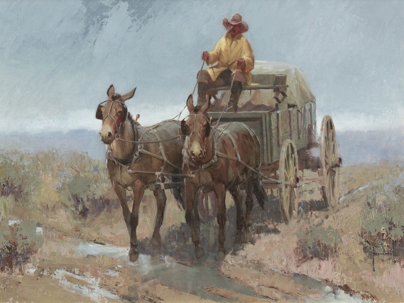 Robert Pummill (b. 1936), "Been Too Dry to: Robert Pummill (b. 1936), "Been Too Dry to Complain" oil on canvas. Canvas: 18''H x 23.25''W; Frame: 26.5''H x 32.5''W. Signed lower right, "Pummill CA". Label verso: Cowboy Artists of America.
