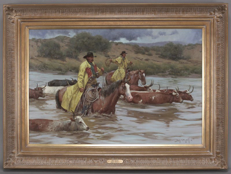Gary Niblett (b. 1943), "High Water" oil on: Gary Niblett (b. 1943), "High Water" oil on canvas. Canvas: 28"H x 42"W; Frame: 40"H x 53.5"W. Signed lower right, "Gary Niblett CA"; signed and titled verso. Gary Niblett, a member of the Cowboy Arti