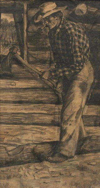 Peter Hurd (1904-1984), "Mural Study for Pioneer: Peter Hurd (1904-1984), "Mural Study for Pioneer Homebuilders" charcoal on paper. Sight: 47.25"H x 25.5"W; Frame: 52.75"H x 31.25"W. Unsigned. A letter of authenticity from the artists grandson Michae