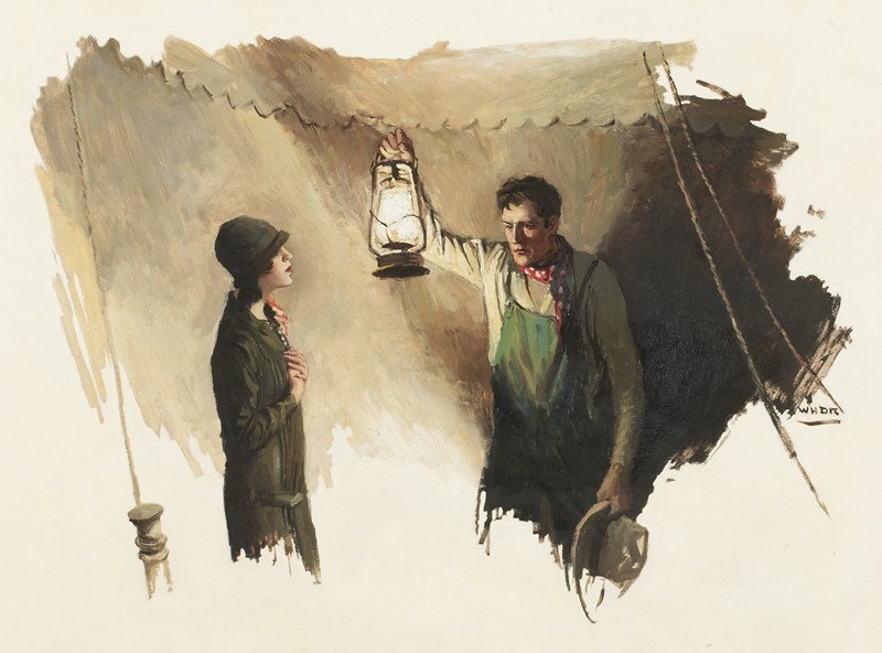 W. H. D. Koerner (1878-1938), "The Lantern" oil: W. H. D. Koerner (1878-1938), "The Lantern" oil on board. Board: 29"H x 39"W; Frame: 40"H x 49.5"W. Initialed lower right, "WHDK". Saturday Evening Post story illustration early 1920's. Provenance: Da