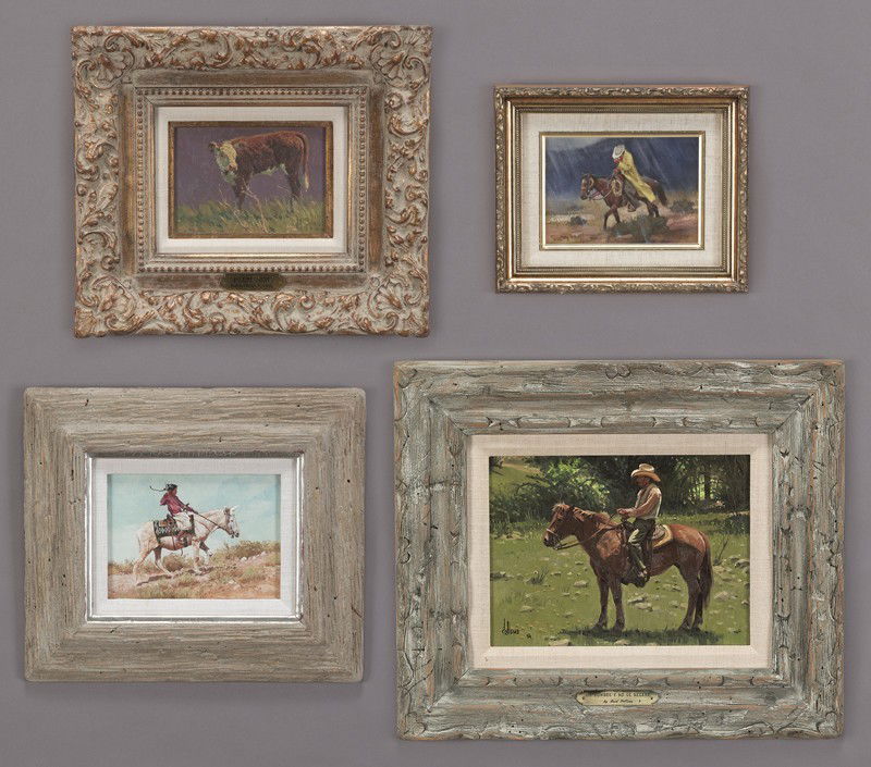 Set of 4 Western paintings, including: (1) Fred: Set of 4 Western paintings, including: (1) Fred Fellows, "Un Hombre Y No Se Negaba" oil on board. Board: 9"H x 12"W; Frame: 16.5"H x 19.5"W. Signed lower left, "Fellows CA". (1) Bill Owen, "Plum New"