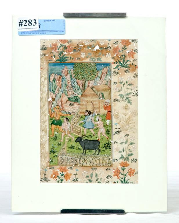 Extremely Rare Illuminated Manuscript Album: Leaf Indo- Persian C 1620-1650 Mughal Period Entirely Hand inked, Hand colored, and Hand written including both the central panel and the leaf border