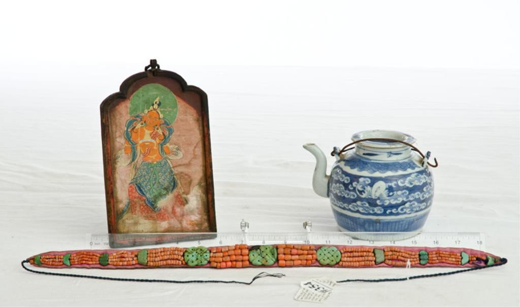 Blue/ White Chinese Tea Pot, Plaque, &: Turquoise & coral Beaded Handband from Mongolia believed to be ca 1850