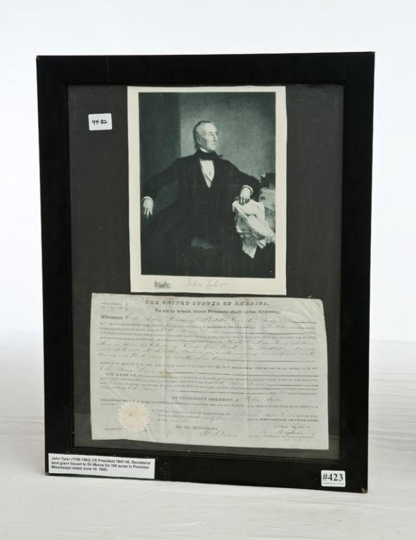 Framed John Tyler US Pres. Land Grant: Issued to Eli More in Pontotoc MIss June 14,1843 21" x 27 1/2"