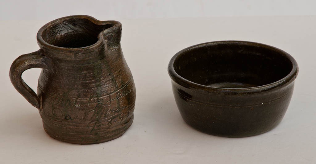 Rare small pitcher 1993 made by Lanier Meaders&: bowl with partial chipped out bottom 5" Tall & signed Lanier Meaders Bowl 6 1/2" diam. x 3" H
