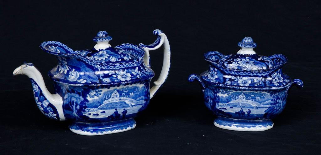 Flow Blue Teapot & Sugar with country scene