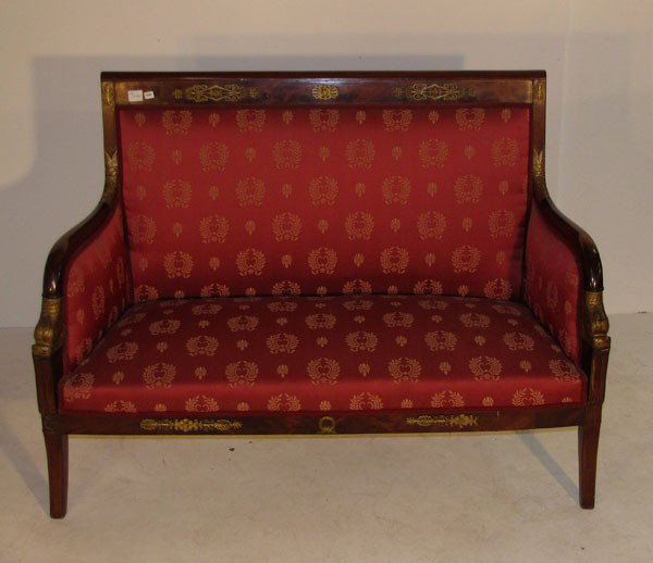 Empire mahogany and bronze mounted settee, French : Empire mahogany and bronze mounted settee, French 19th century. H: 37" W: 47" D: 23"