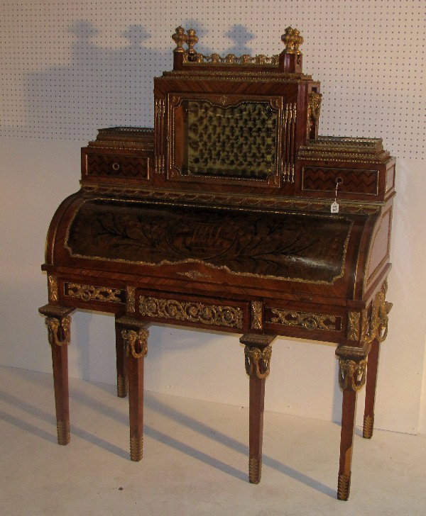 Louis XVI style bronze-mounted parquetry inlaid cy: Louis XVI style bronze-mounted parquetry inlaid cylinder desk. H: 69" W: 52" D: 25 1/2"